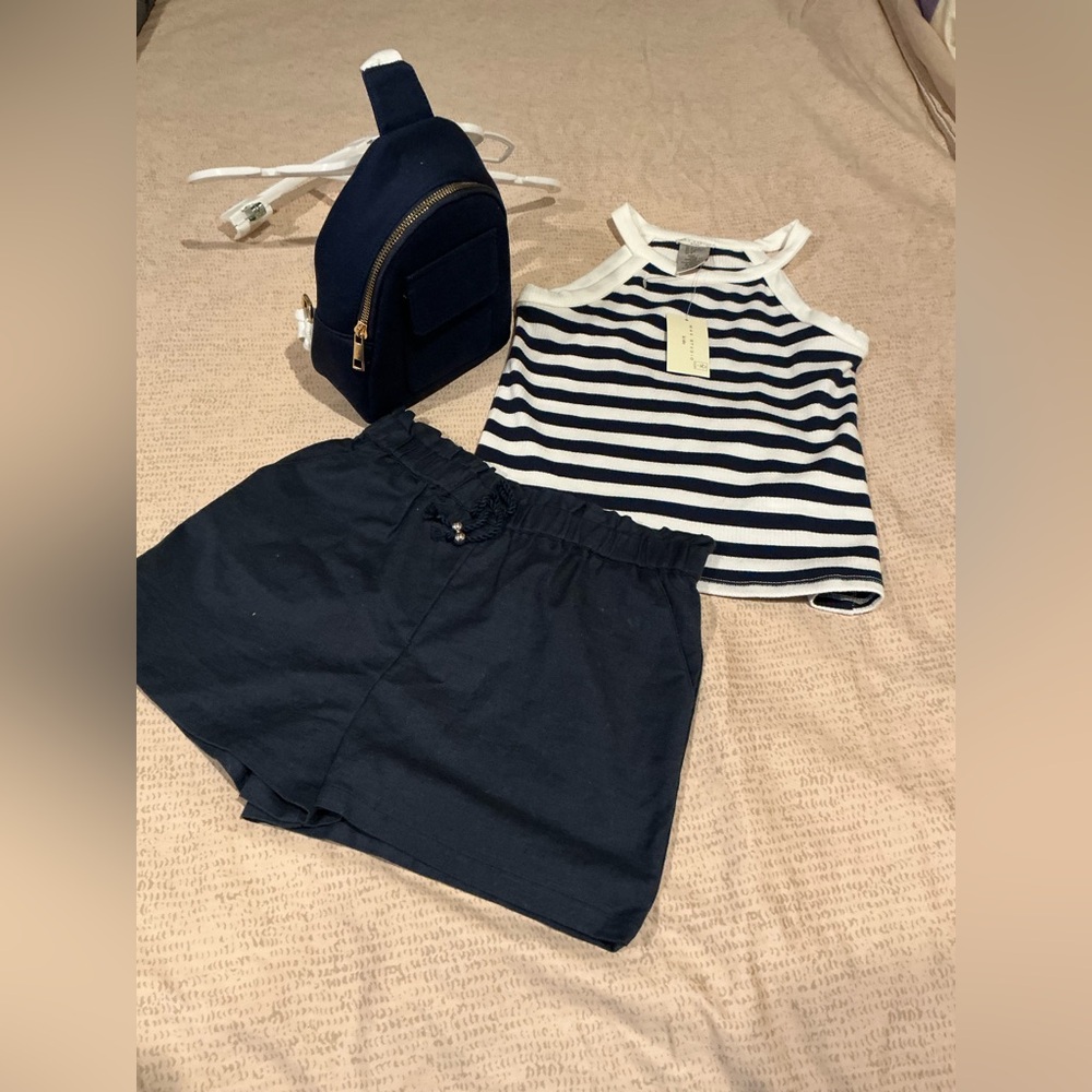 Striped Tank Top and Navy Shorts Set with Navy cross body bag. - Picture 1 of 6